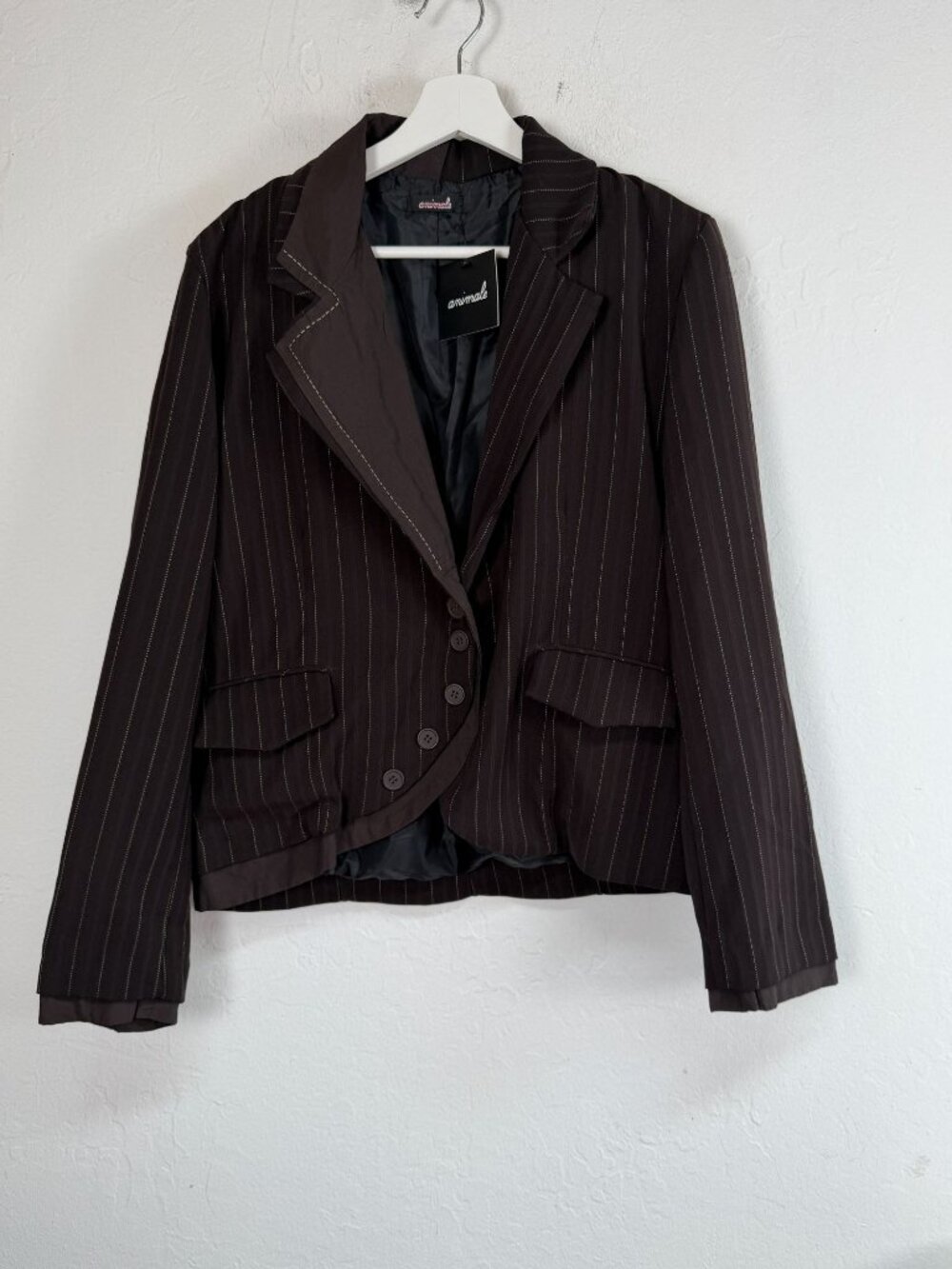 Animale Women's Brown Pinstripe Crop Blazer Jacket 10 Asymmetric Button NWT $188